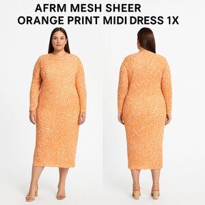 AFRM Mesh Sheer Orange Print Midi Dress 1X